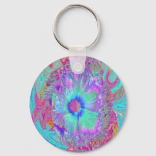 Psychedelic Retro Rainbow Blue Hibiscus Key Ring