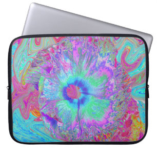 Psychedelic Retro Rainbow Blue Hibiscus Laptop Sleeve
