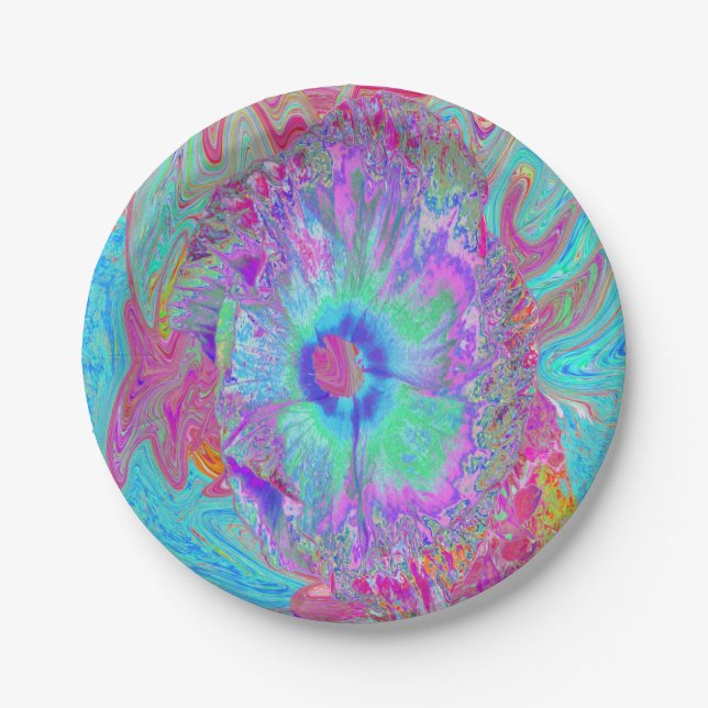 Psychedelic Retro Rainbow Blue Hibiscus Paper Plate (Front)