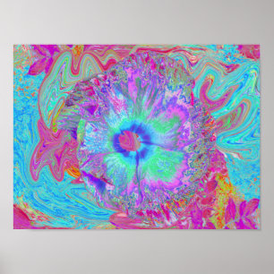 Psychedelic Retro Rainbow Blue Hibiscus Poster