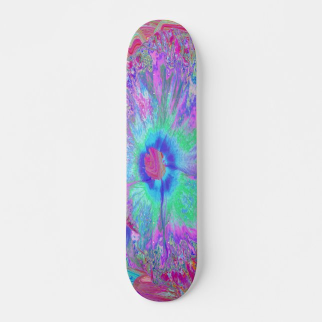 Psychedelic Retro Rainbow Blue Hibiscus Skateboard (Front)