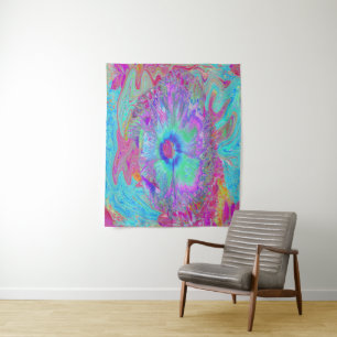 Psychedelic Retro Rainbow Blue Hibiscus Tapestry