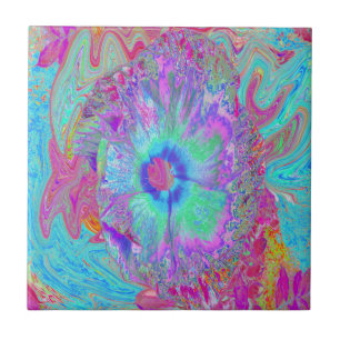 Psychedelic Retro Rainbow Blue Hibiscus Tile