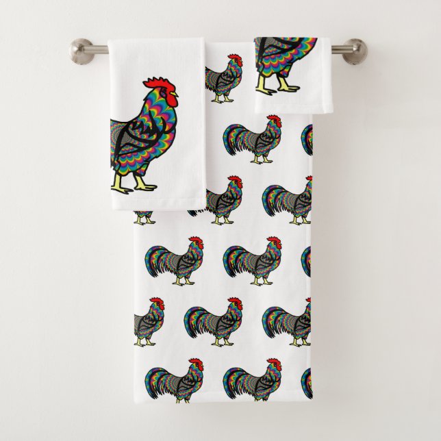 Psychedelic Rooster Chicken Bath Towel Set (Insitu)
