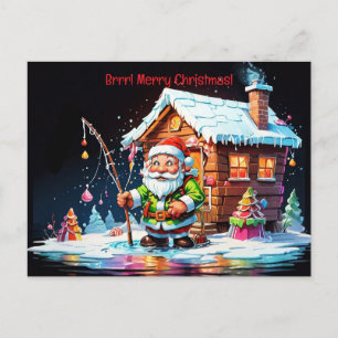 psychedelic Santa holding fishing pole christmas Holiday Postcard