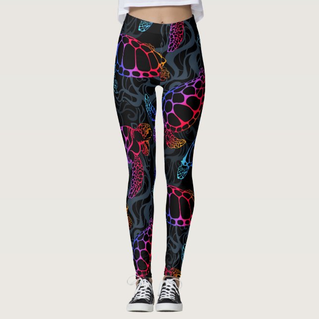 Psychedelic Sea Turtle: Boho Ocean Leggings (Front)