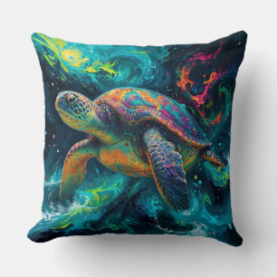 Psychedelic Sea Turtle in Abstract Ocean Cushion