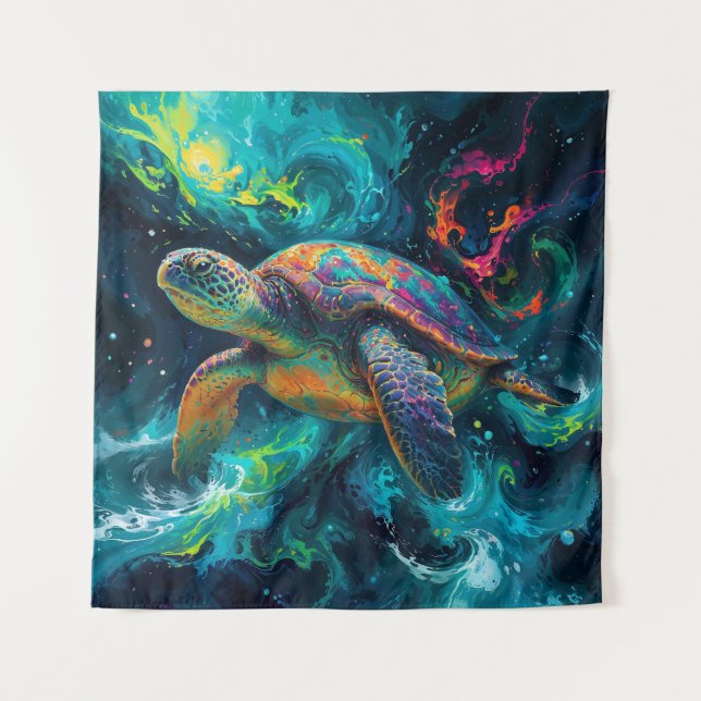 Psychedelic Sea Turtle in Abstract Ocean Tapestry (Front)
