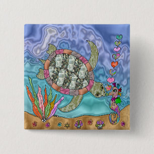 Psychedelic Sea Turtle Seahorse Art 15 Cm Square Badge