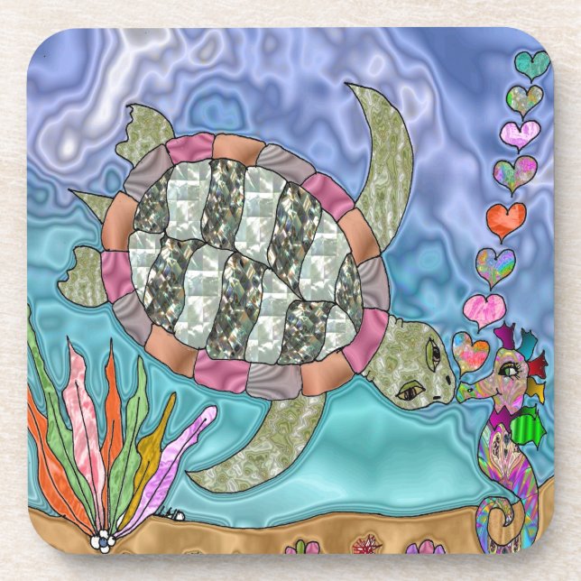 Psychedelic Sea Turtle Seahorse Art Coaster (Front)