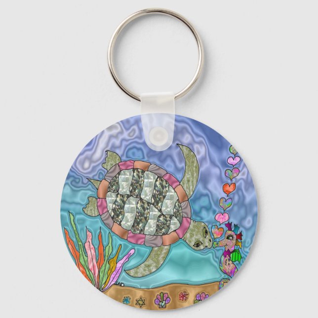 Psychedelic Sea Turtle Seahorse Art Key Ring (Front)