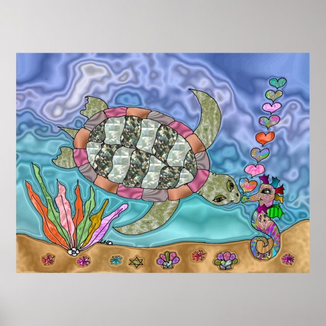 Psychedelic Sea Turtle Seahorse Art Poster (Front)