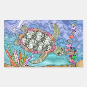 Psychedelic Sea Turtle Seahorse Art Rectangular Sticker