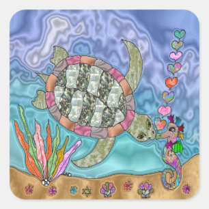 Psychedelic Sea Turtle Seahorse Art Square Sticker