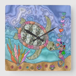Psychedelic Sea Turtle Seahorse Art Square Wall Clock