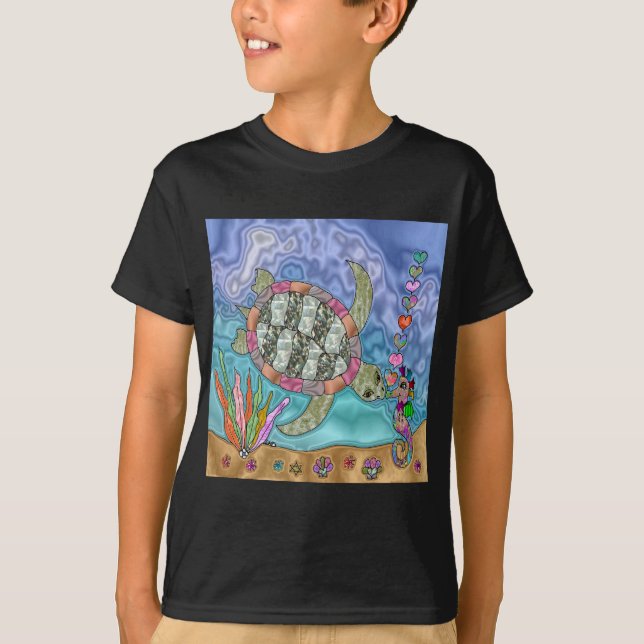 Psychedelic Sea Turtle Seahorse Art T-Shirt (Front)