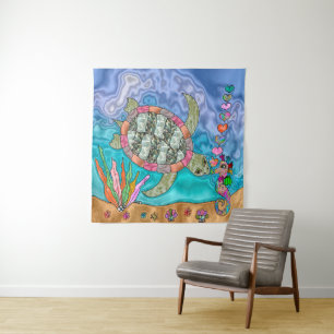 Psychedelic Sea Turtle Seahorse Art Tapestry