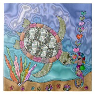Psychedelic Sea Turtle Seahorse Art Tile