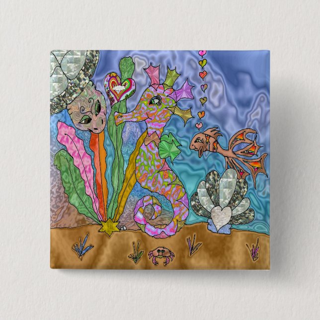 Psychedelic Seahorse Sea Turtle Art 15 Cm Square Badge (Front)