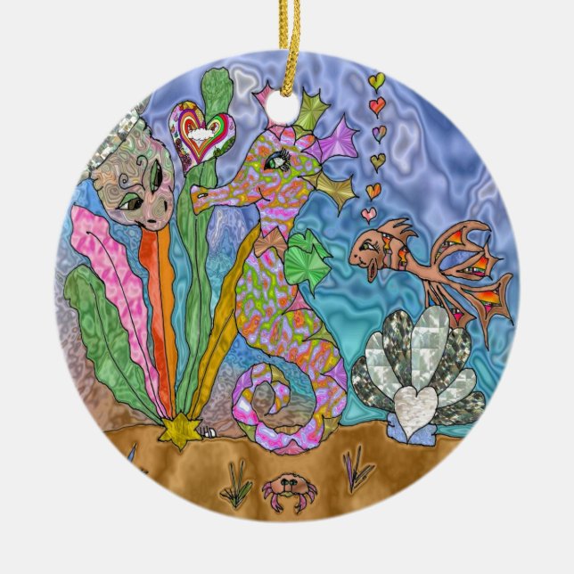 Psychedelic Seahorse Sea Turtle Art Ceramic Tree Decoration (Front)