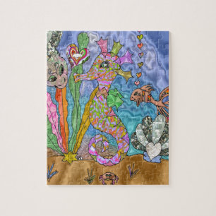 Psychedelic Seahorse Sea Turtle Art Jigsaw Puzzle