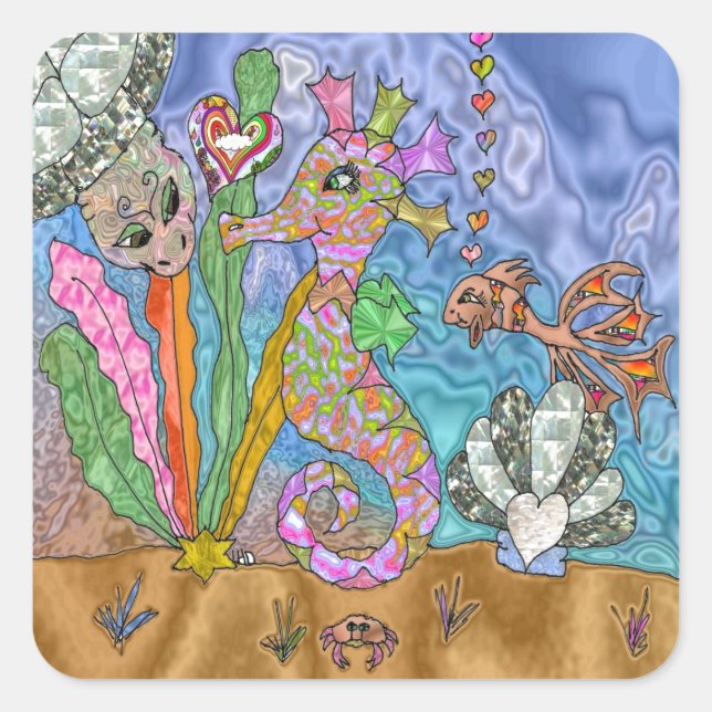 Psychedelic Seahorse Sea Turtle Art Square Sticker (Front)