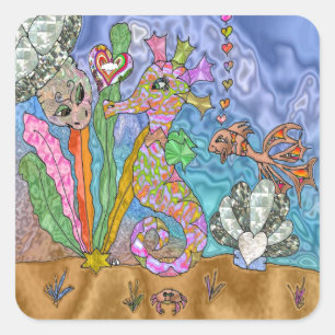 Psychedelic Seahorse Sea Turtle Art Square Sticker