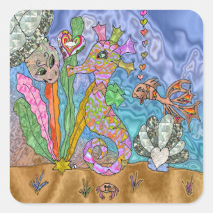 Psychedelic Seahorse Sea Turtle Art Square Sticker