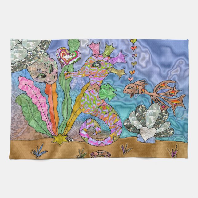 Psychedelic Seahorse Sea Turtle Art Tea Towel (Horizontal)