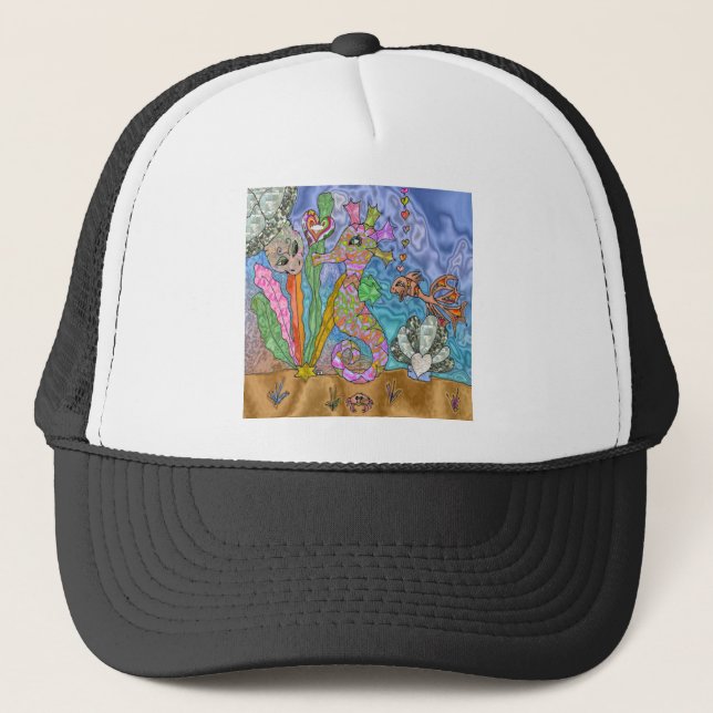 Psychedelic Seahorse Sea Turtle Art Trucker Hat (Front)