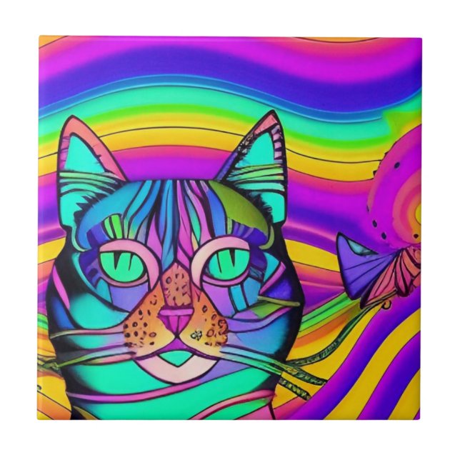 Psychedelic serious cat colourful purple fuschia  tile (Front)