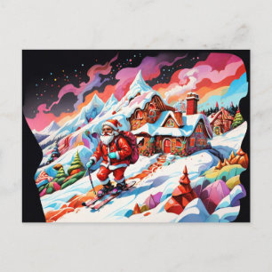psychedelic skiing santa christmas holiday postcard