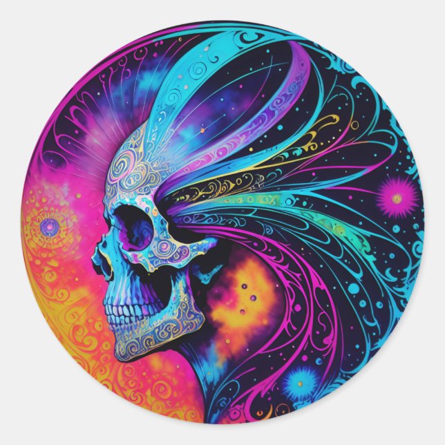 Psychedelic Skull and Mane Classic Round Sticker (Front)