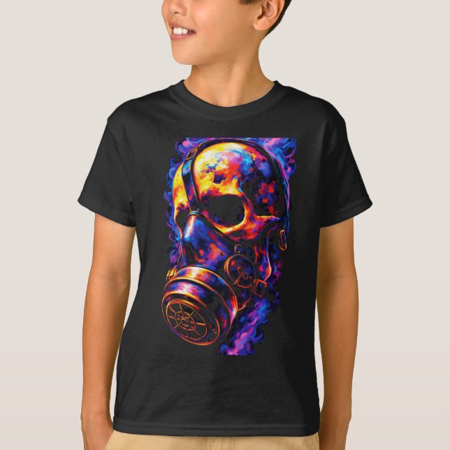 Psychedelic Skull Gas Mask Flame Vortex T-Shirt (Front)
