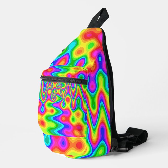 Psychedelic Sling Backpack with Neon Swirl Pattern (Right Corner)