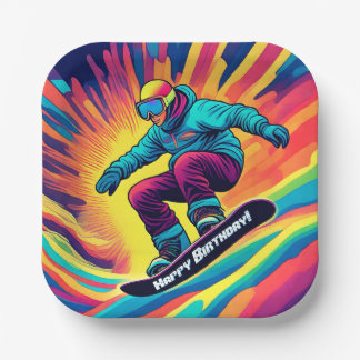 Psychedelic Snowboarder Birthday Paper Plate