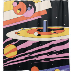 Psychedelic Space Abstract Illustration, Geometri Shower Curtain