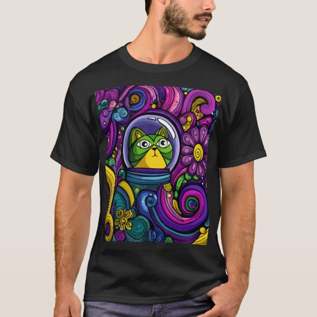 Psychedelic Space Cat – Color-Burst Astronaut T-Shirt (Front)