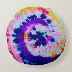 Psychedelic Spiral. Multicolor Fabric Tie Dye. Hip Round Cushion