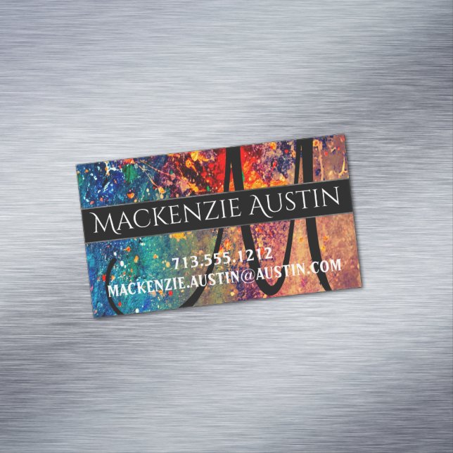 Psychedelic Splatter | Rainbow Abstract Monogram Magnetic Business Card (In Situ)