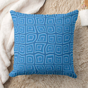 Psychedelic Square Prisms Check Blue Floral Cushion