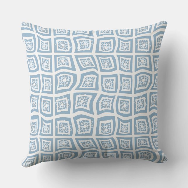 Psychedelic Square Prisms Check White Blue Floral Cushion (Back)
