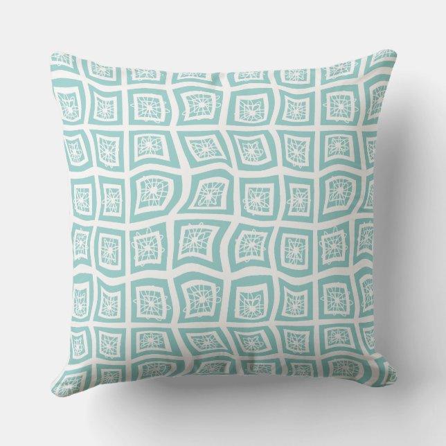 Psychedelic Square Prisms Check White Teal Floral Cushion (Back)