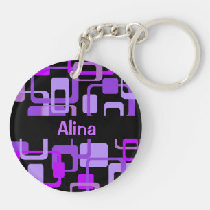 Psychedelic Squares Retro Look Personalised Purple Key Ring