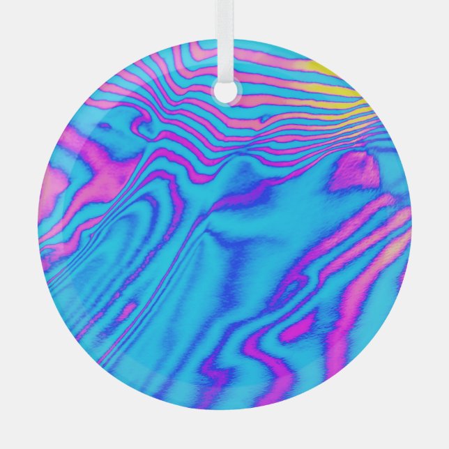 Psychedelic Striped Zebra: Neon Fluorescent Backgr Glass Tree Decoration (Front)