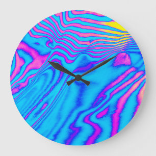Psychedelic Striped Zebra: Neon Fluorescent Backgr Large Clock