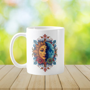 Psychedelic Sun and Moon Boho Floral Art Coffee Mug