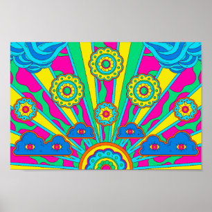 Psychedelic Sun, Clouds, and Flowers Poster