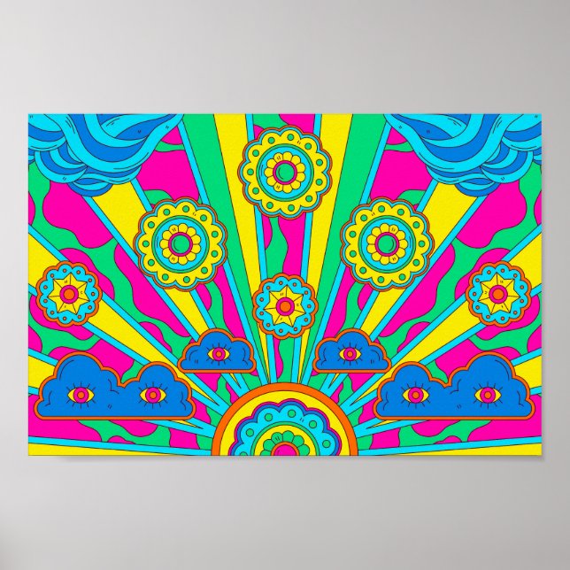 Psychedelic Sun, Clouds, and Flowers Poster (Front)