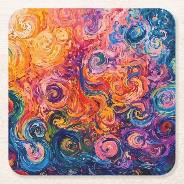 Psychedelic Swirls Oil Painting Square Paper Coaster (Front)